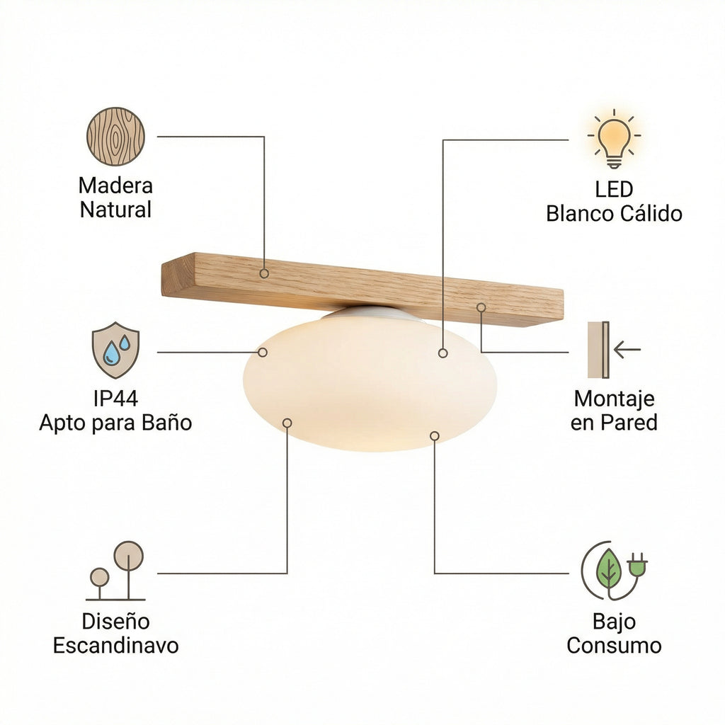 Aplique de Pared LED Madera Natural IP44 Luz Cálida para Baño Estilo Escandinavo | Casalux