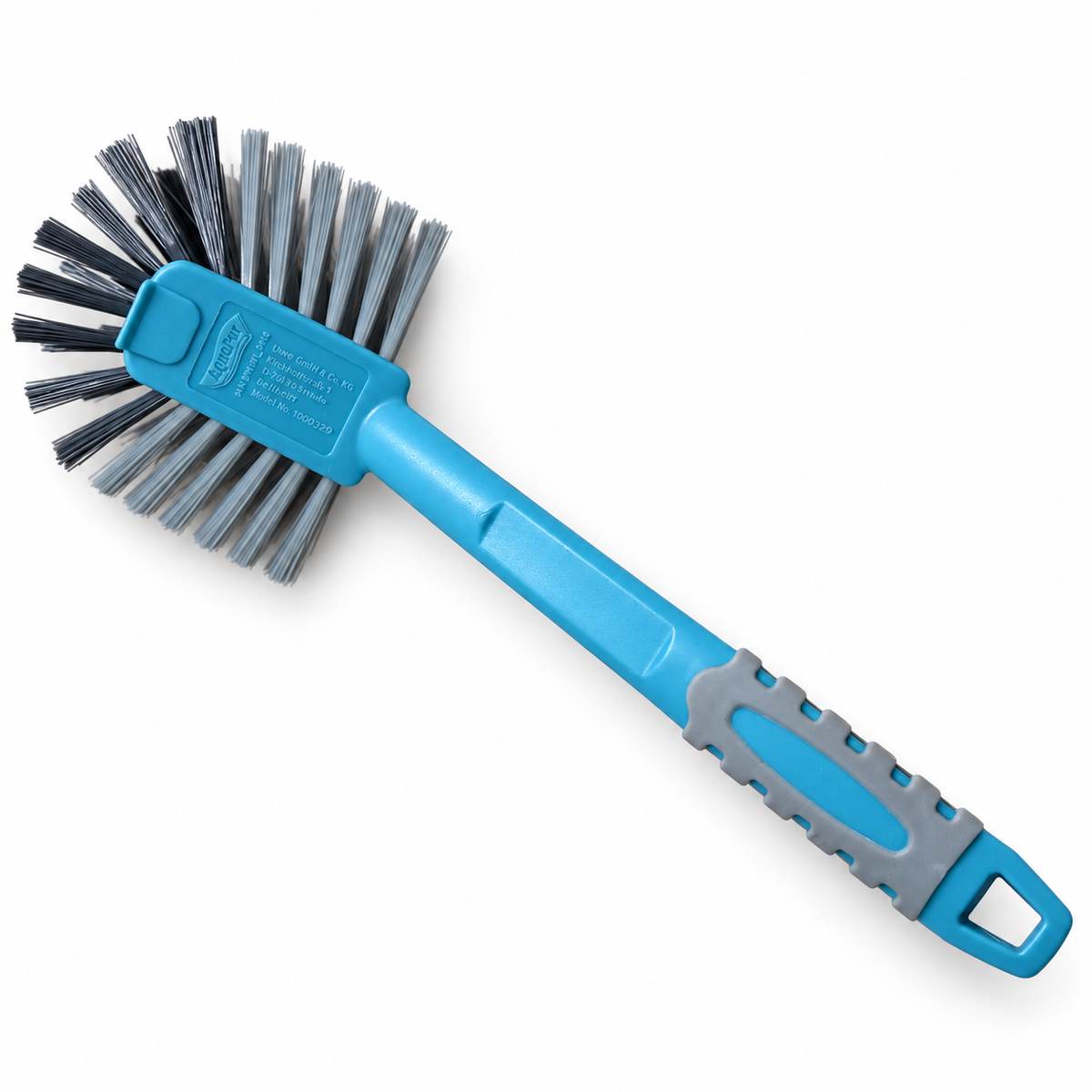 Cepillo de mano AquaPur azul y gris sobre fondo blanco