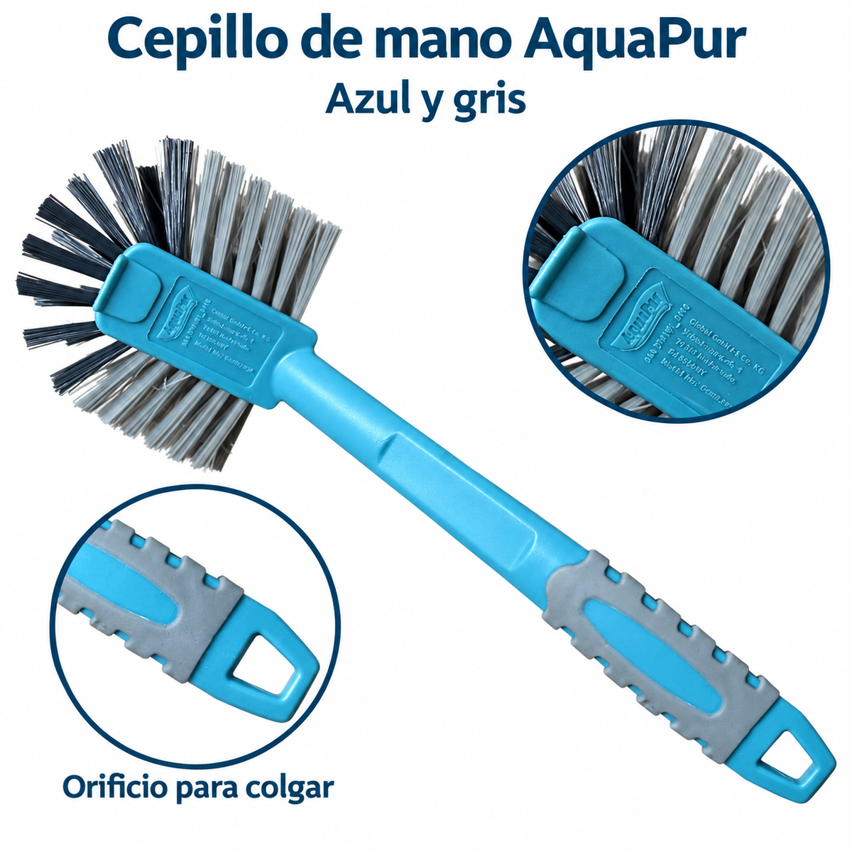 Detalles del cepillo AquaPur y su orificio para colgar