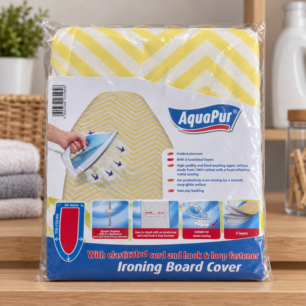 Una funda AquaPur amarilla en su envase sobre una balda de lavandería