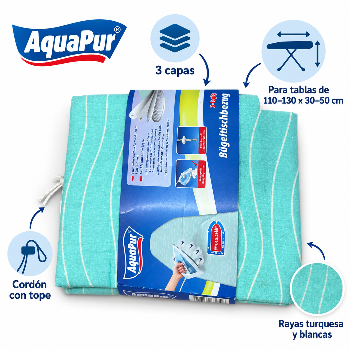 Funda AquaPur de tres capas para tablas de 110–130 por 30–50 cm, con cordón y tope