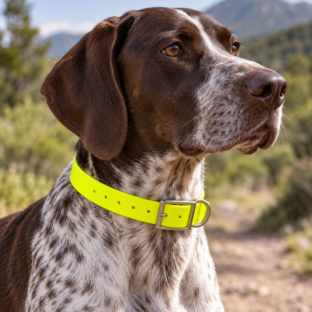Collar Arcea Polytec 25 mm · Amarillo fluorescente: collar colocado en perro al aire libre