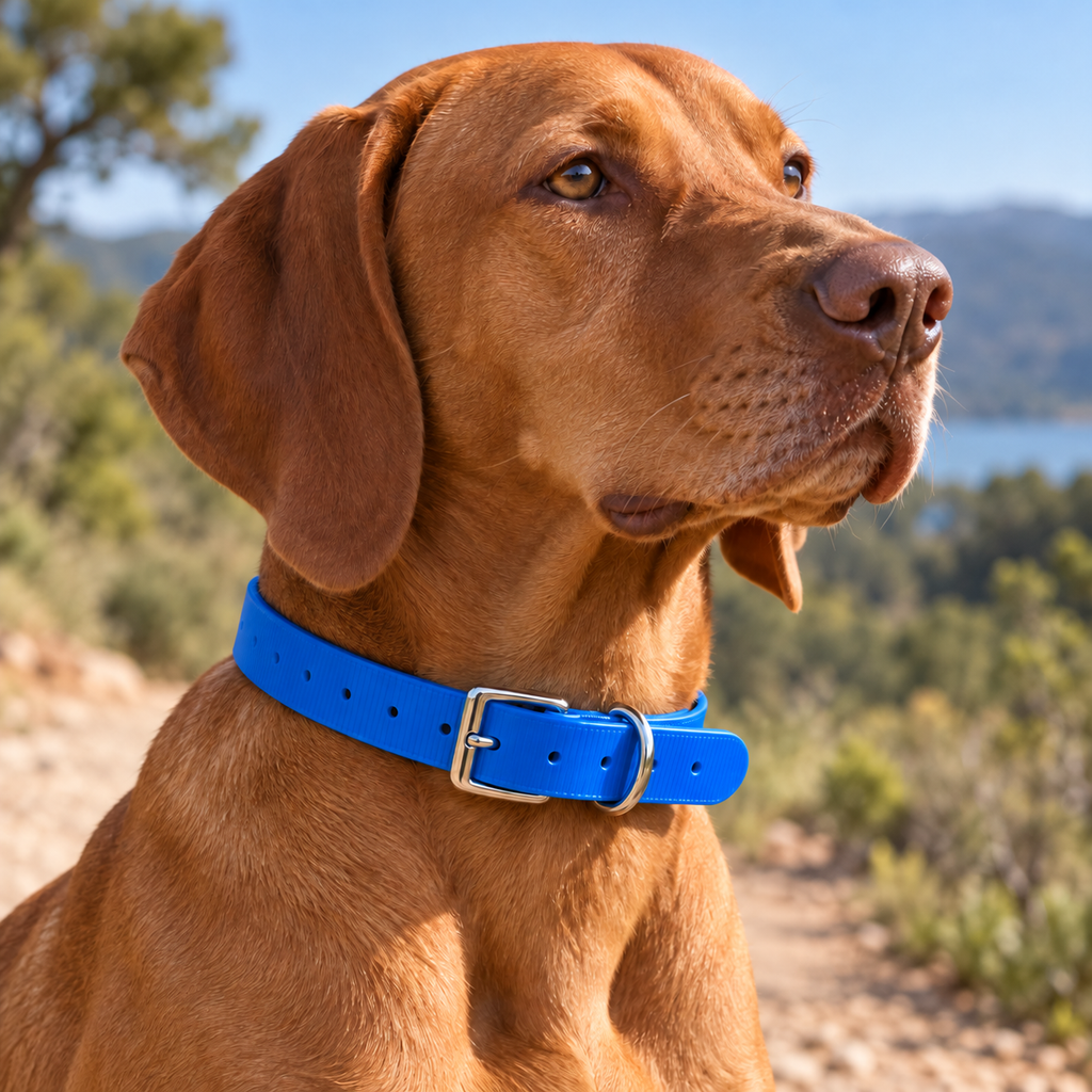 Collar Arcea Polytec 25 mm · Azul: collar colocado en perro al aire libre