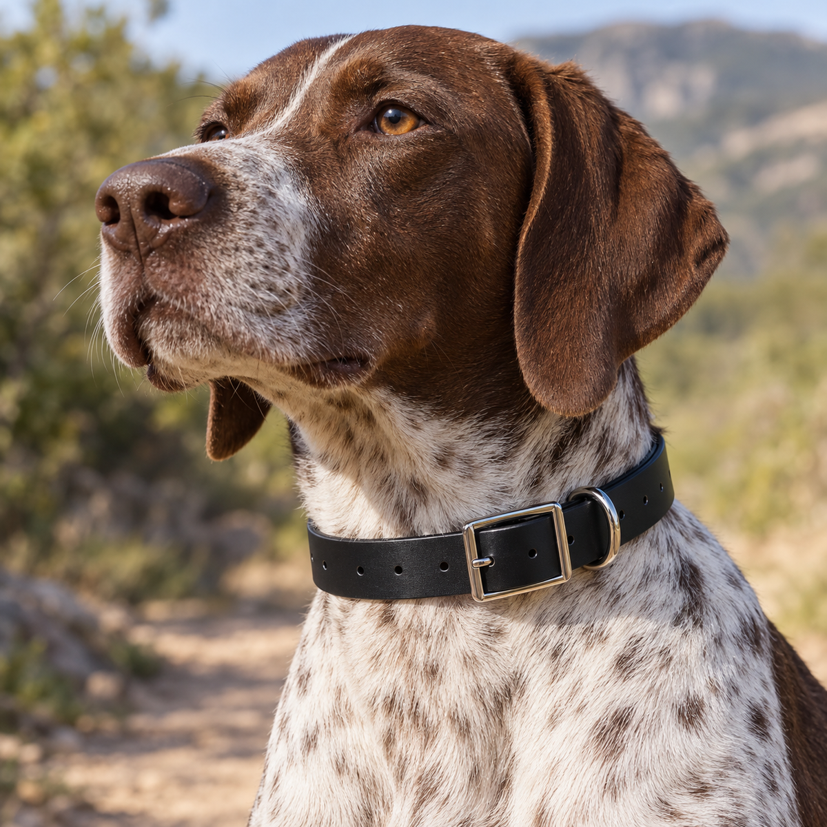 Collar Arcea Polytec 25 mm · Negro: collar colocado en perro al aire libre