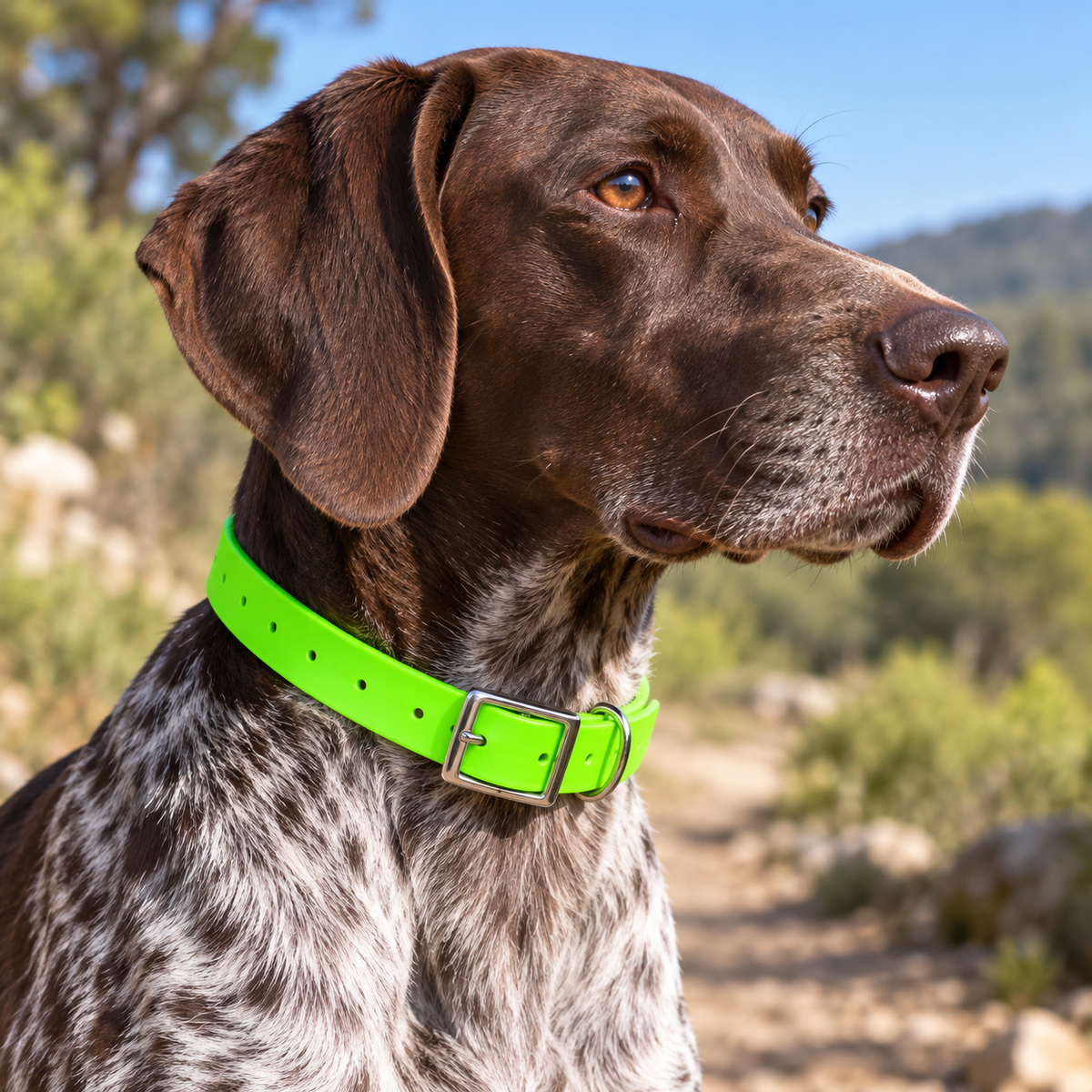 Collar Arcea Polytec 25 mm · Verde fluorescente: collar colocado en perro al aire libre