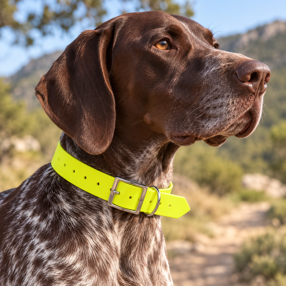 Collar Arcea Polytec 38 mm amarillo fluorescente colocado en perro al aire libre