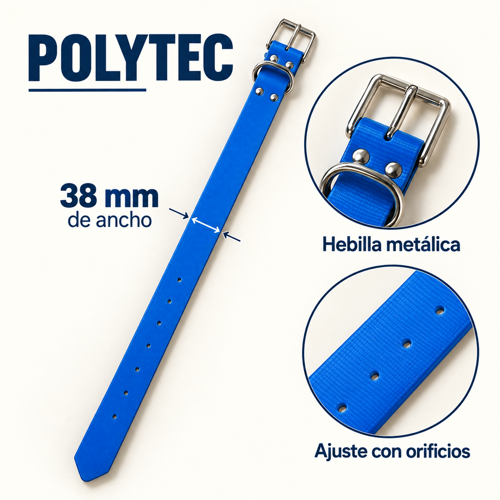 Collar Arcea Polytec 38 mm · Azul: características, hebilla y orificios de ajuste