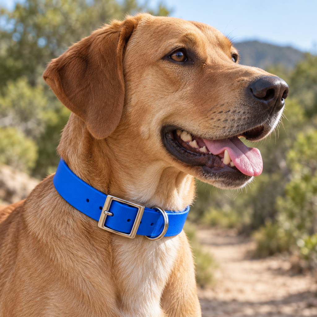 Collar Arcea Polytec 38 mm · Azul: collar colocado en perro al aire libre
