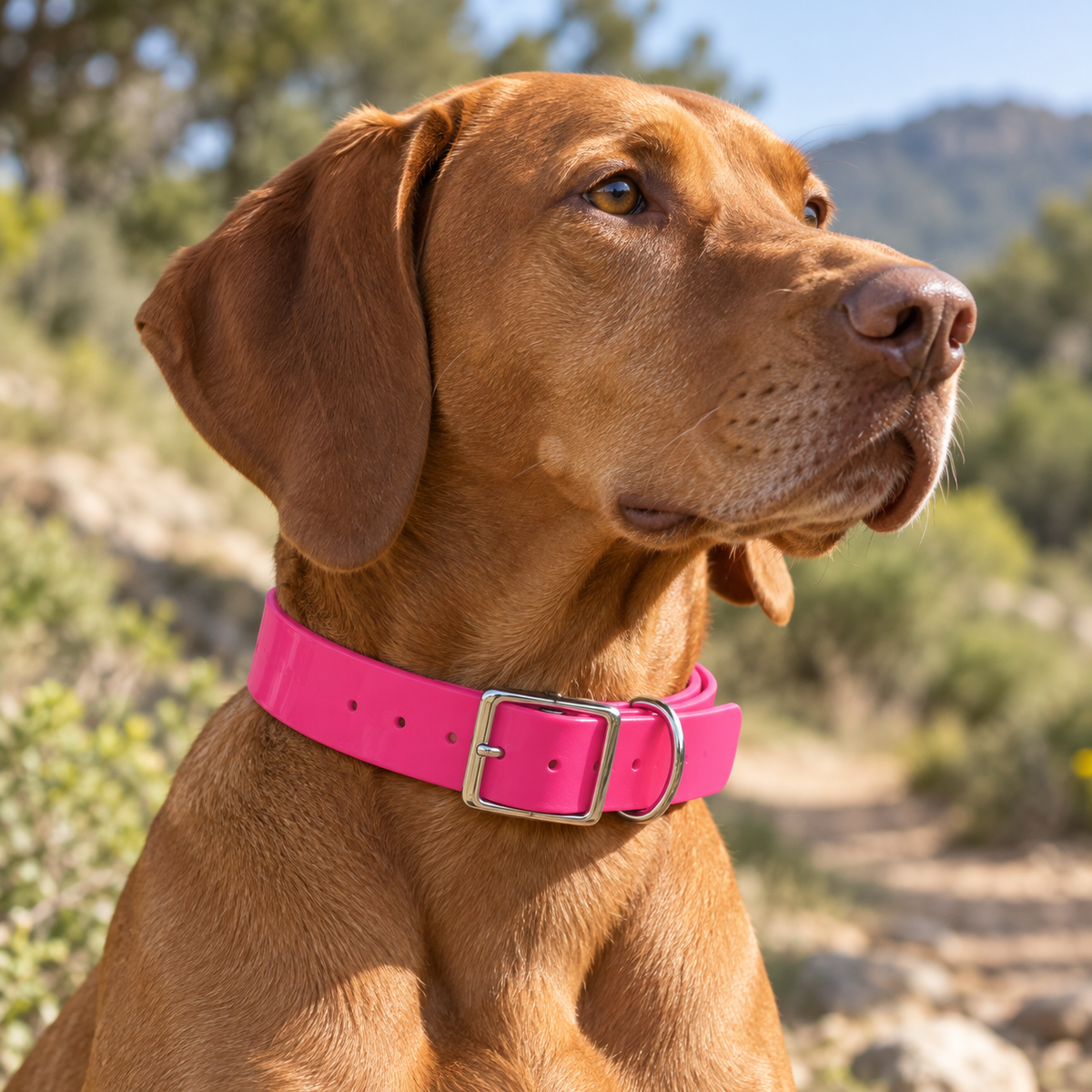 Collar Arcea Polytec 38 mm · Fucsia: collar colocado en perro al aire libre