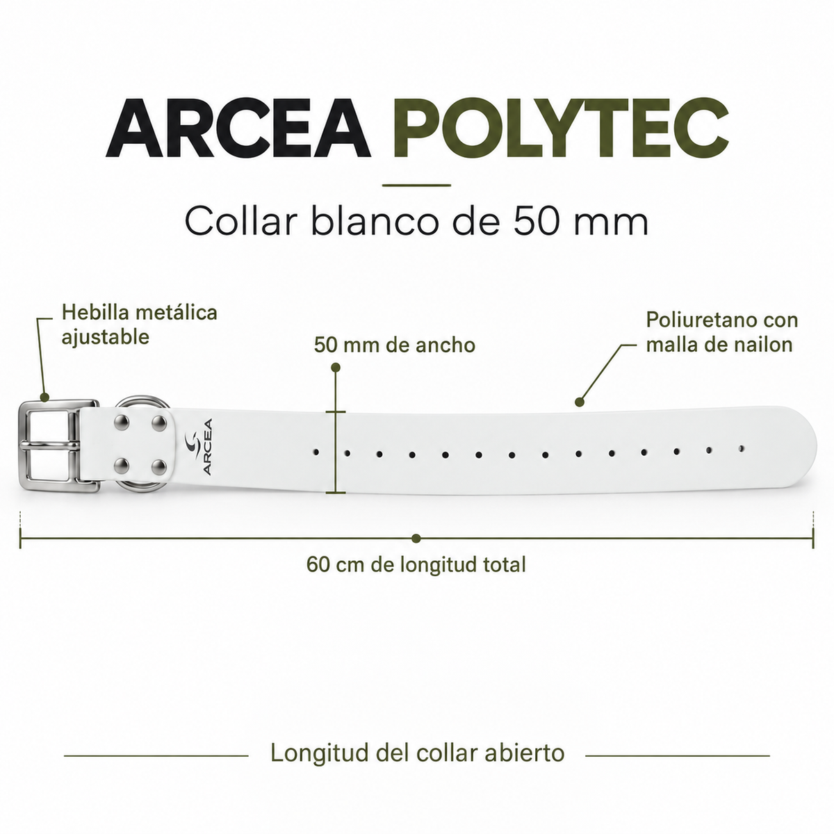 Características del collar Arcea Polytec blanco: 50 mm de ancho y 60 cm de longitud total