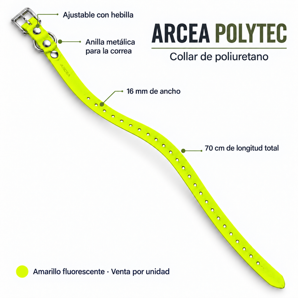 Características del collar Arcea Polytec amarillo fluorescente: 16 mm de ancho y 70 cm de longitud total