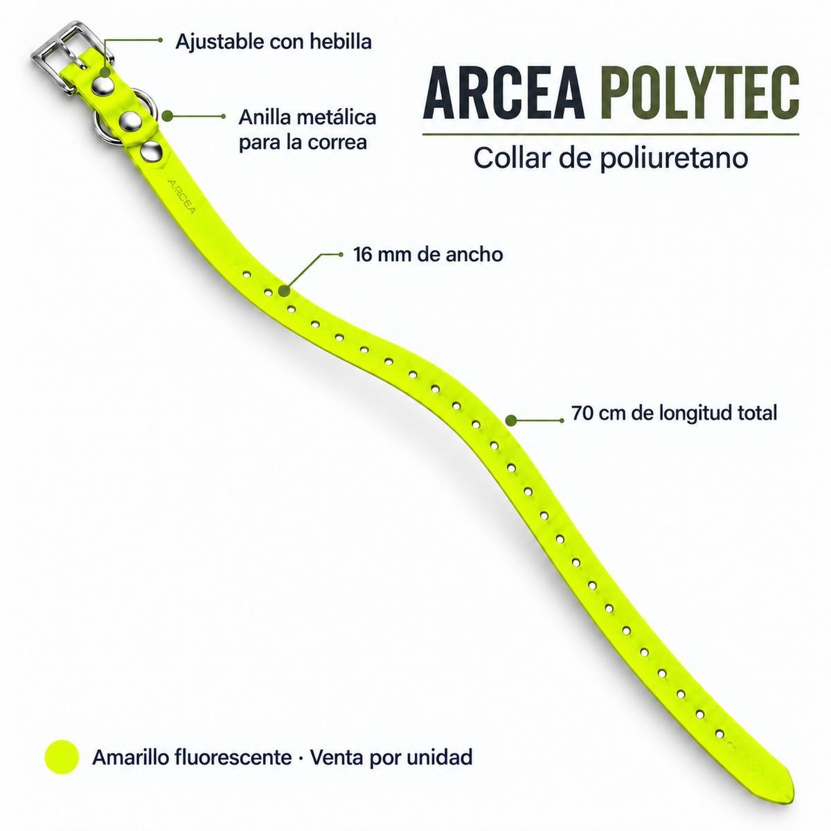 Características del collar Arcea Polytec amarillo fluorescente: 16 mm de ancho y 70 cm de longitud total