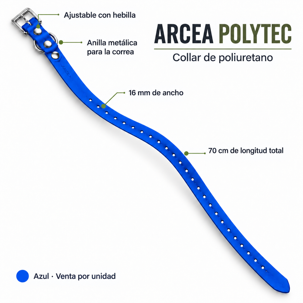 Características del collar Arcea Polytec azul: 16 mm de ancho, 70 cm de longitud total y hebilla metálica