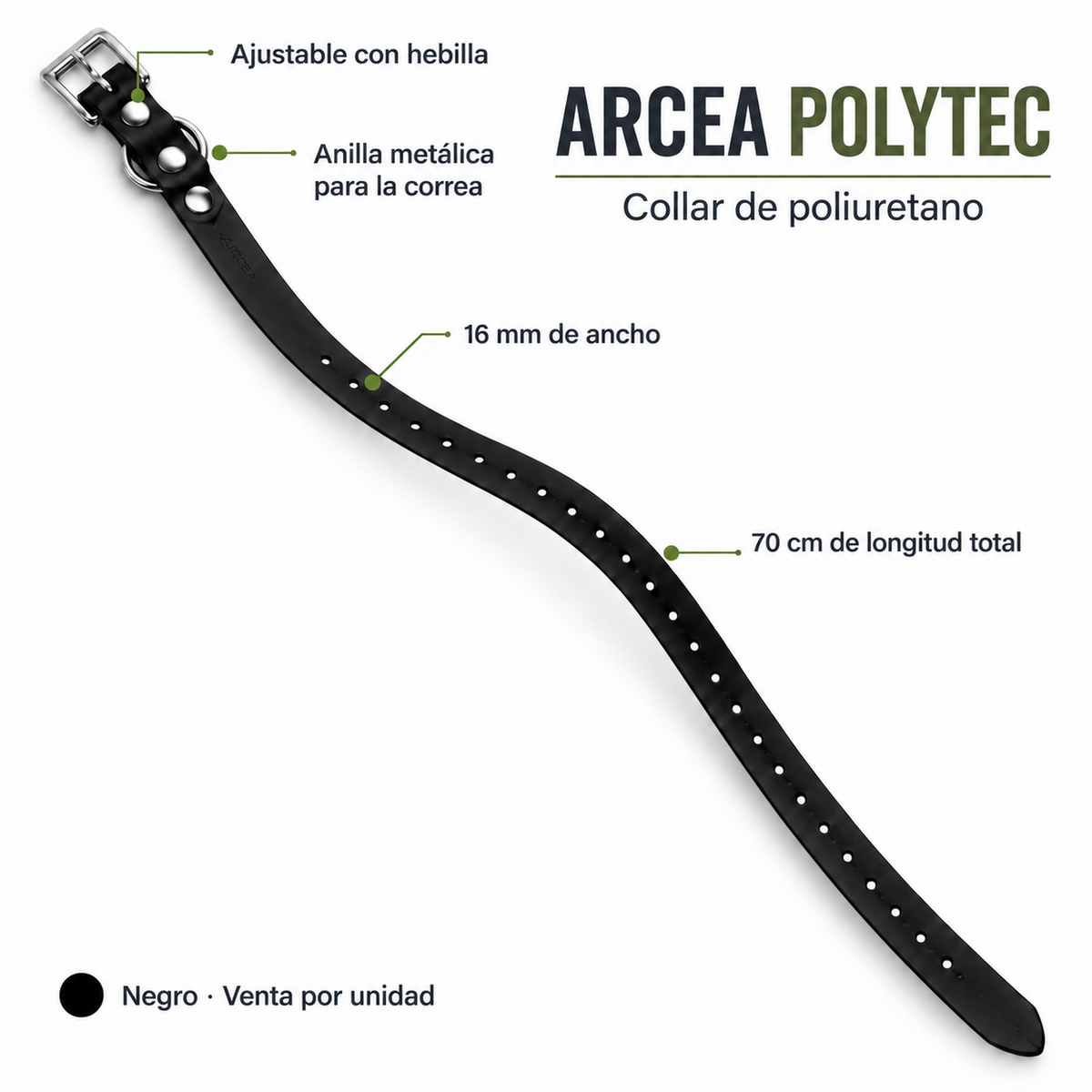 Características del collar Arcea Polytec negro, ancho 16 mm y longitud total 70 cm
