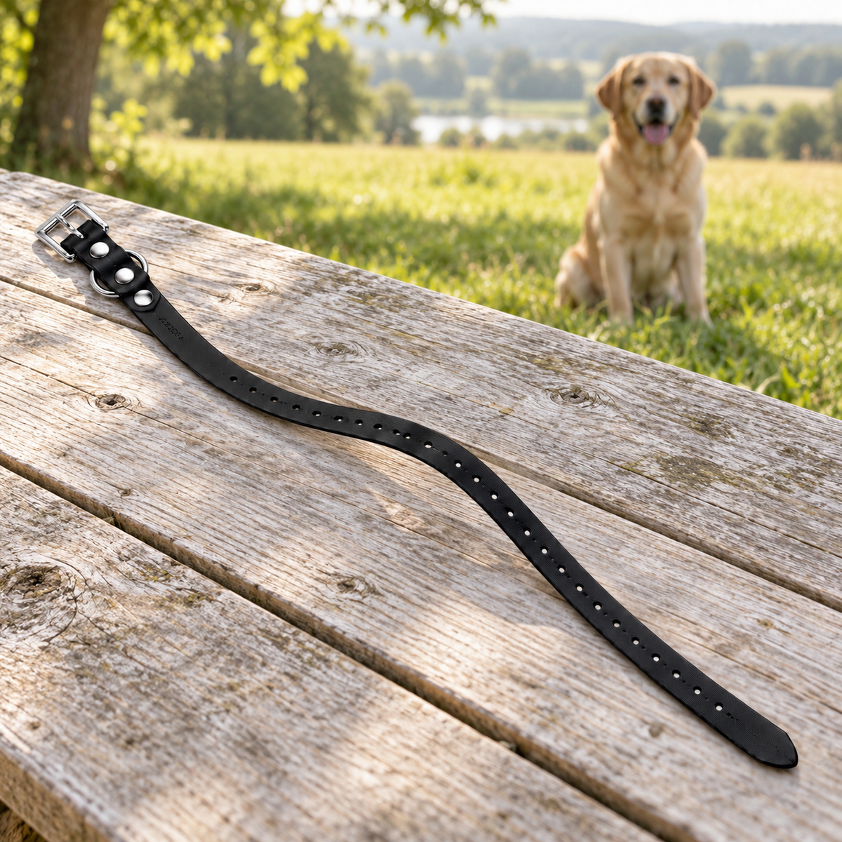 Collar Arcea Polytec negro preparado para un paseo con el perro por el campo