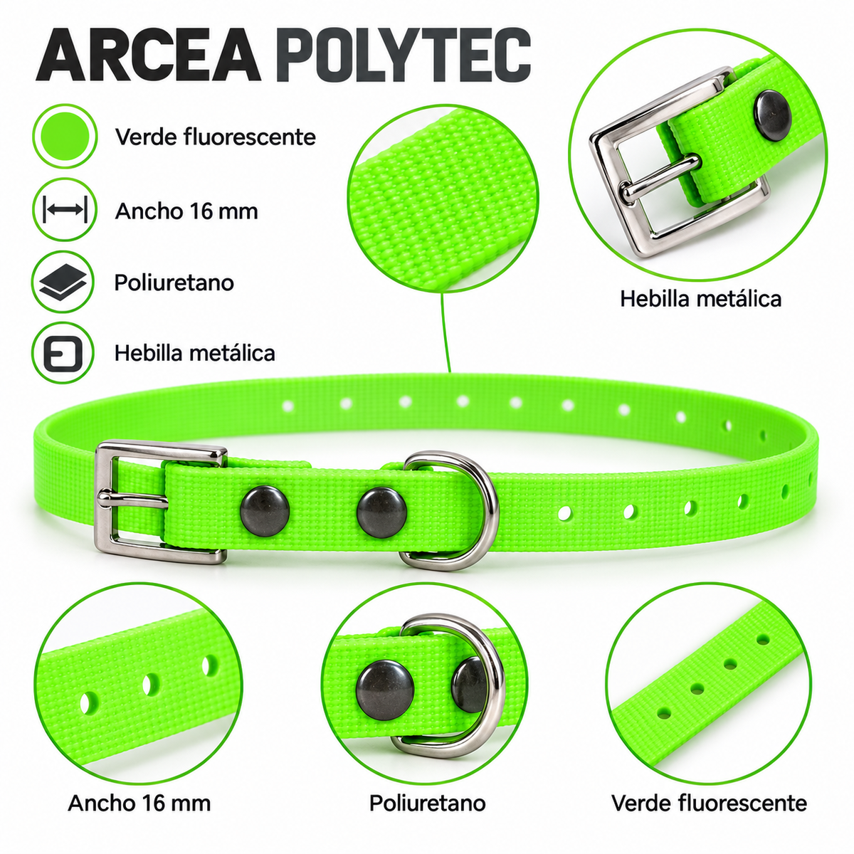 Collar Arcea Polytec verde fluorescente: ancho 16 mm, poliuretano y hebilla metálica