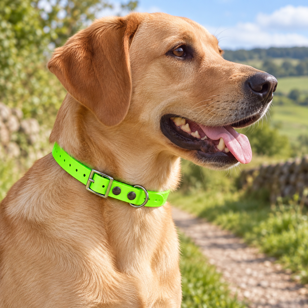 Collar Arcea Polytec verde fluorescente en un paseo con el perro