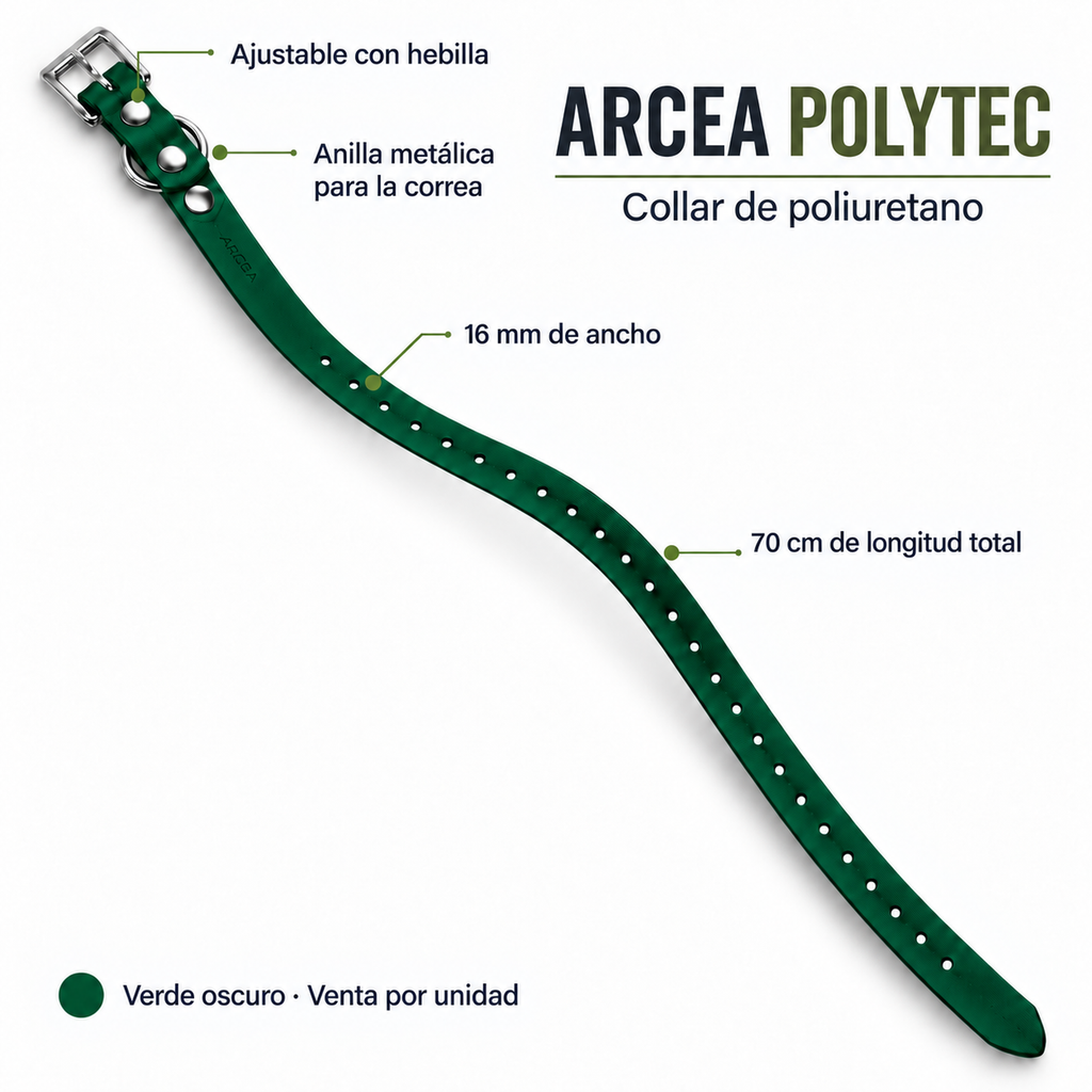 Características del collar Arcea Polytec verde oscuro: 16 mm de ancho y 70 cm de longitud total