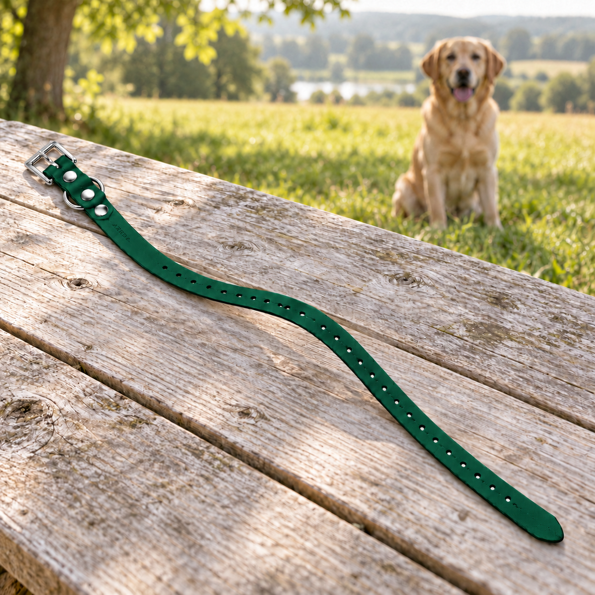 Collar Arcea Polytec verde oscuro preparado para un paseo con el perro