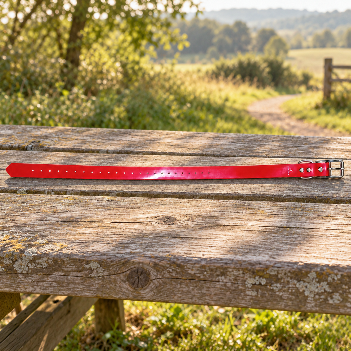 Collar Arcea Polytec rojo de 25 mm preparado para un paseo en el campo