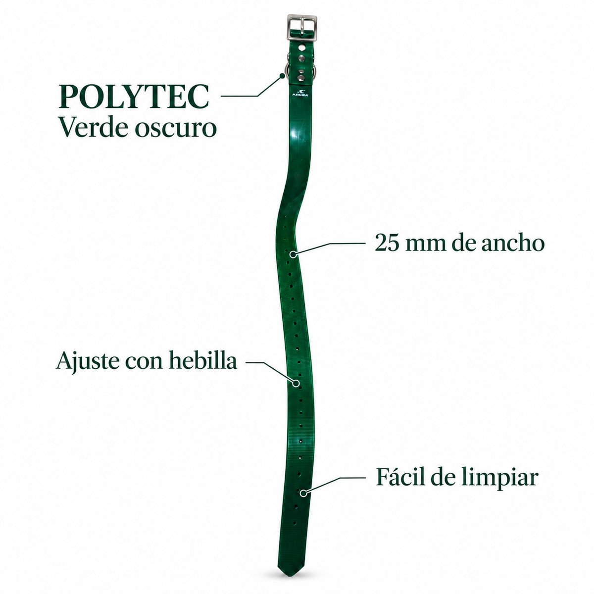 Características del collar Arcea Polytec verde oscuro: 25 mm de ancho y hebilla ajustable
