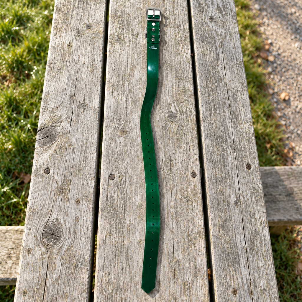 Collar Arcea Polytec verde oscuro de 25 mm preparado para un paseo por el campo