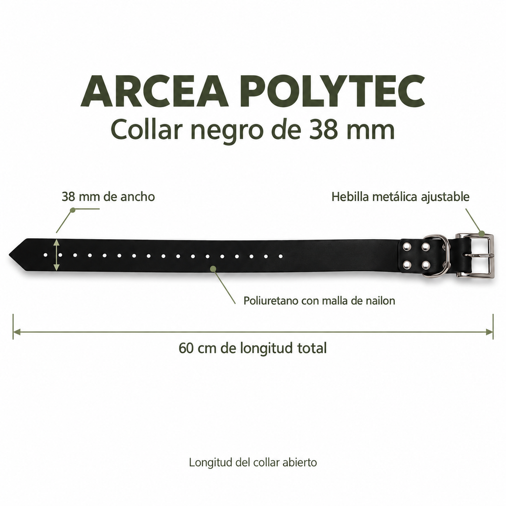 Características del collar Arcea Polytec negro: 38 mm de ancho y 60 cm de longitud total