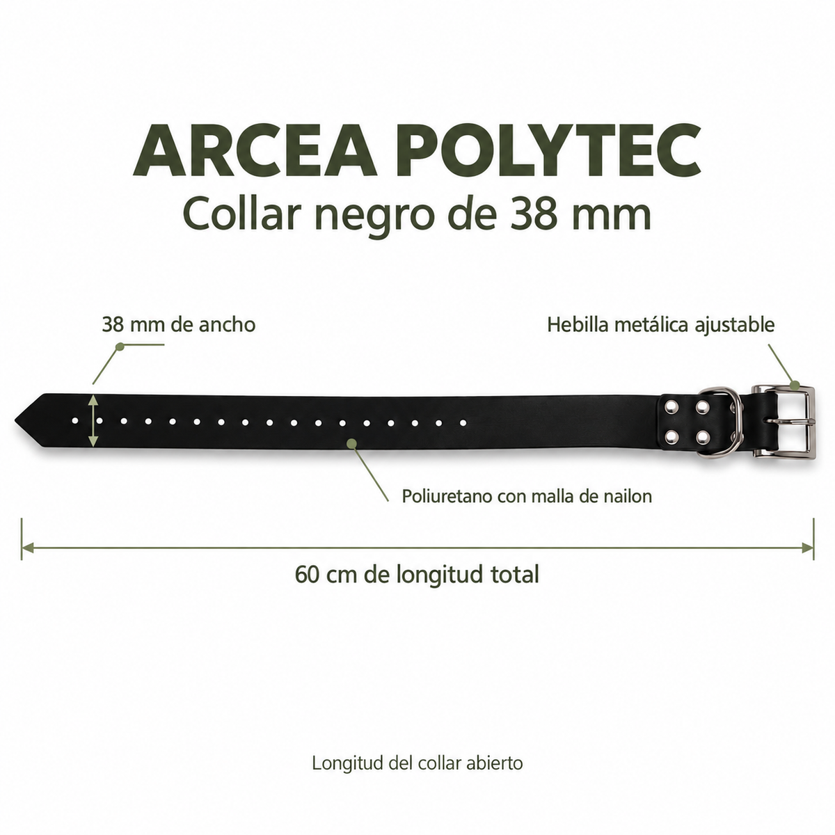 Características del collar Arcea Polytec negro: 38 mm de ancho y 60 cm de longitud total