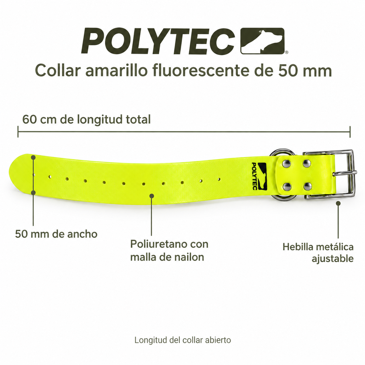 Características del collar Polytec amarillo fluorescente: 50 mm de ancho y 60 cm de longitud total