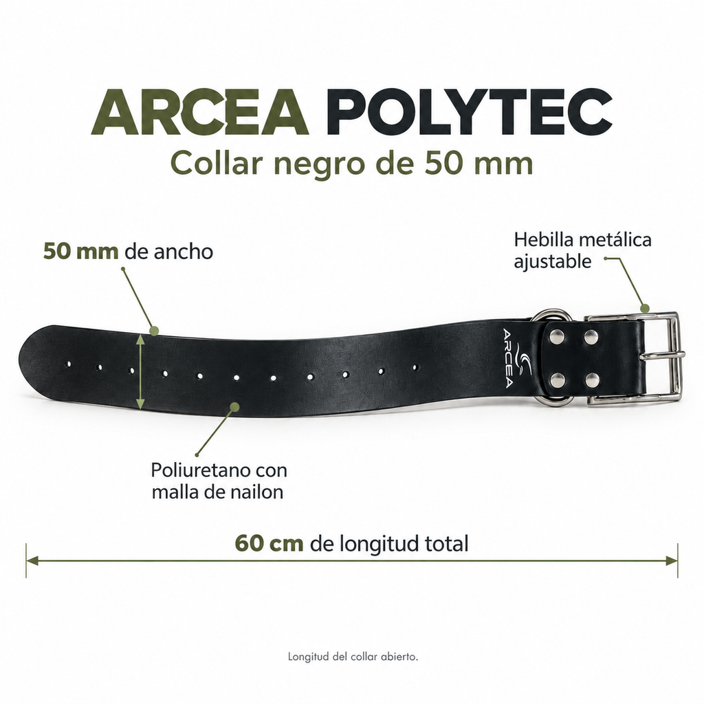 Características del collar Arcea Polytec negro: 50 mm de ancho y 60 cm de longitud total