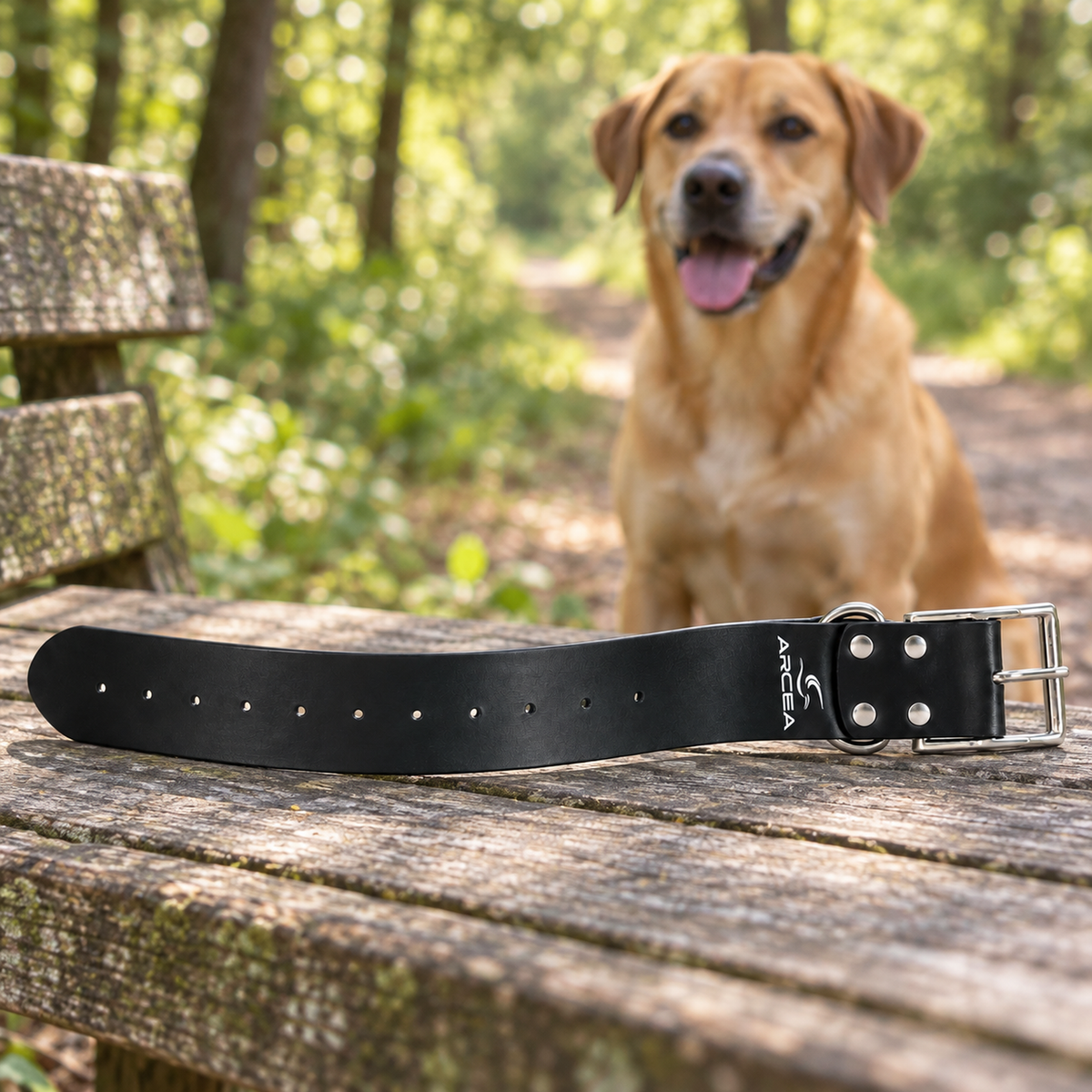 Collar Arcea Polytec negro de 50 mm preparado para un paseo con el perro
