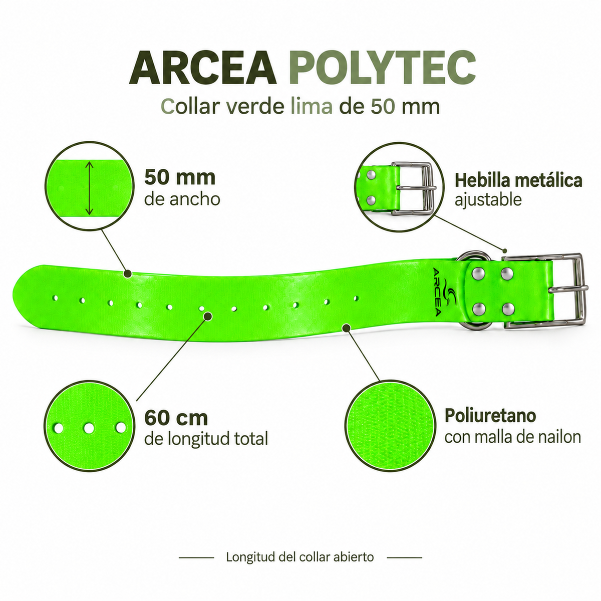 Características del collar Arcea Polytec verde lima: 50 mm de ancho y 60 cm de longitud total