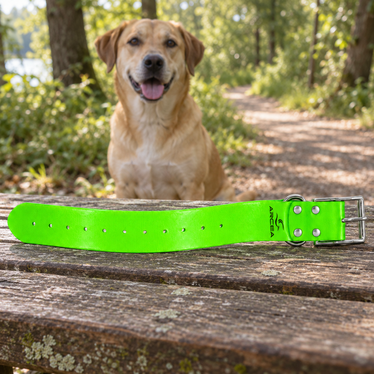 Collar Arcea Polytec verde lima de 50 mm preparado para un paseo con el perro