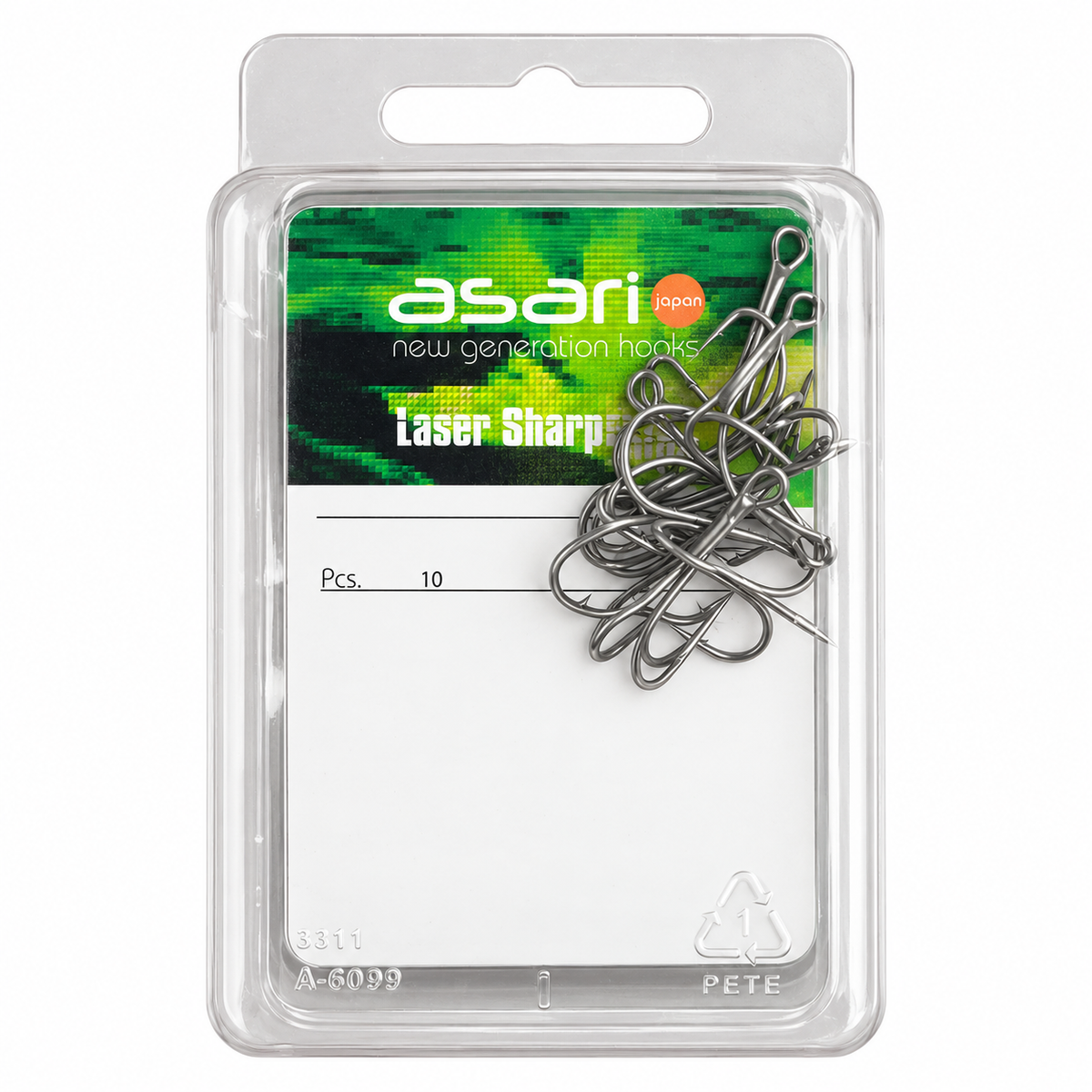 Asari Laser Sharp, caja de 10 anzuelos, sobre fondo blanco