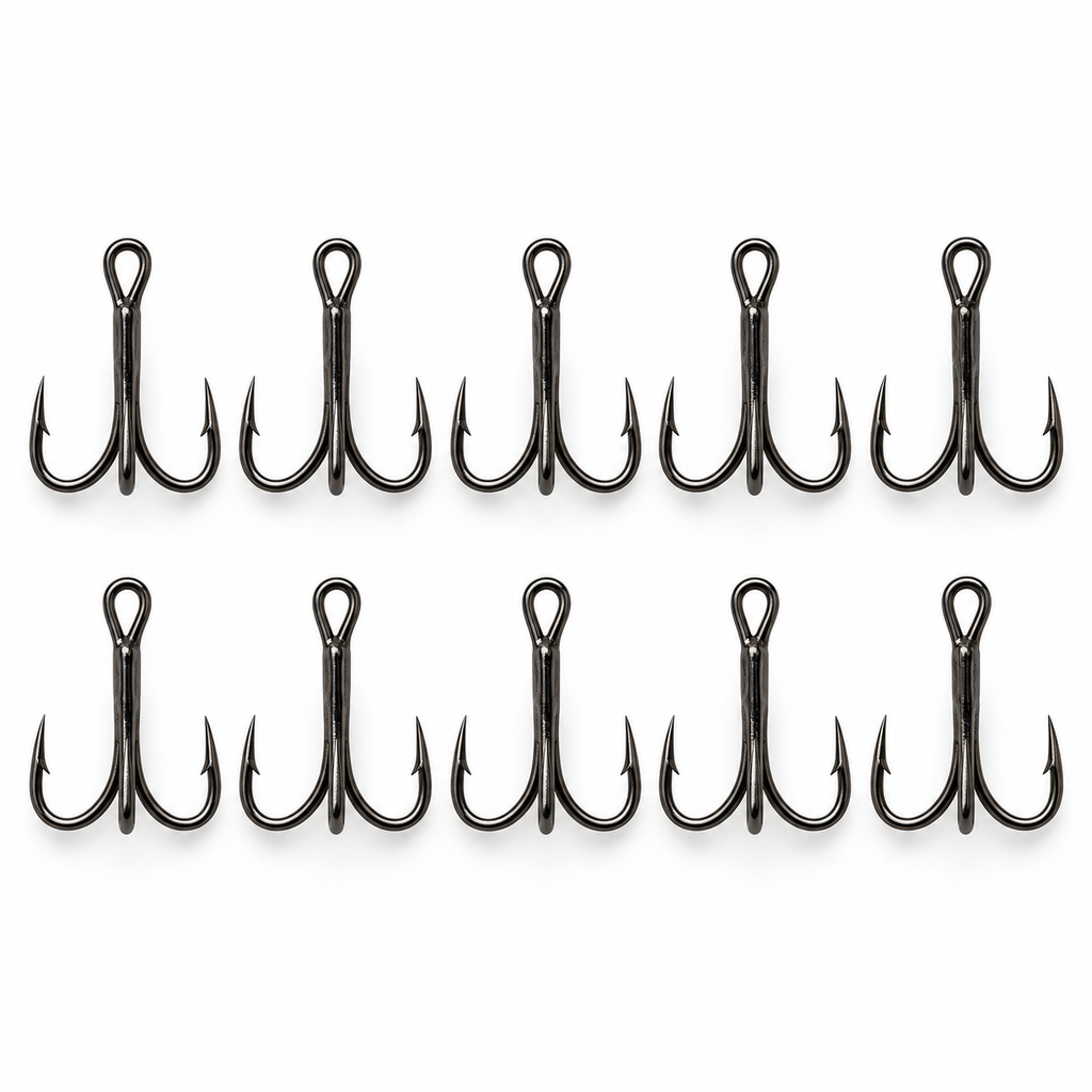 Asari Universal Treble 1/0, pack de 10 anzuelos triples sobre fondo blanco