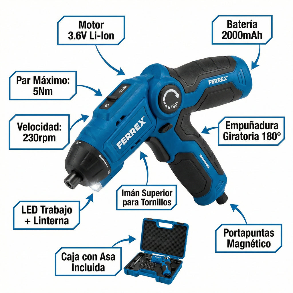Atornillador a Batería 3.6V Li-Ion 5Nm Empuñadura Giratoria | Ferrex