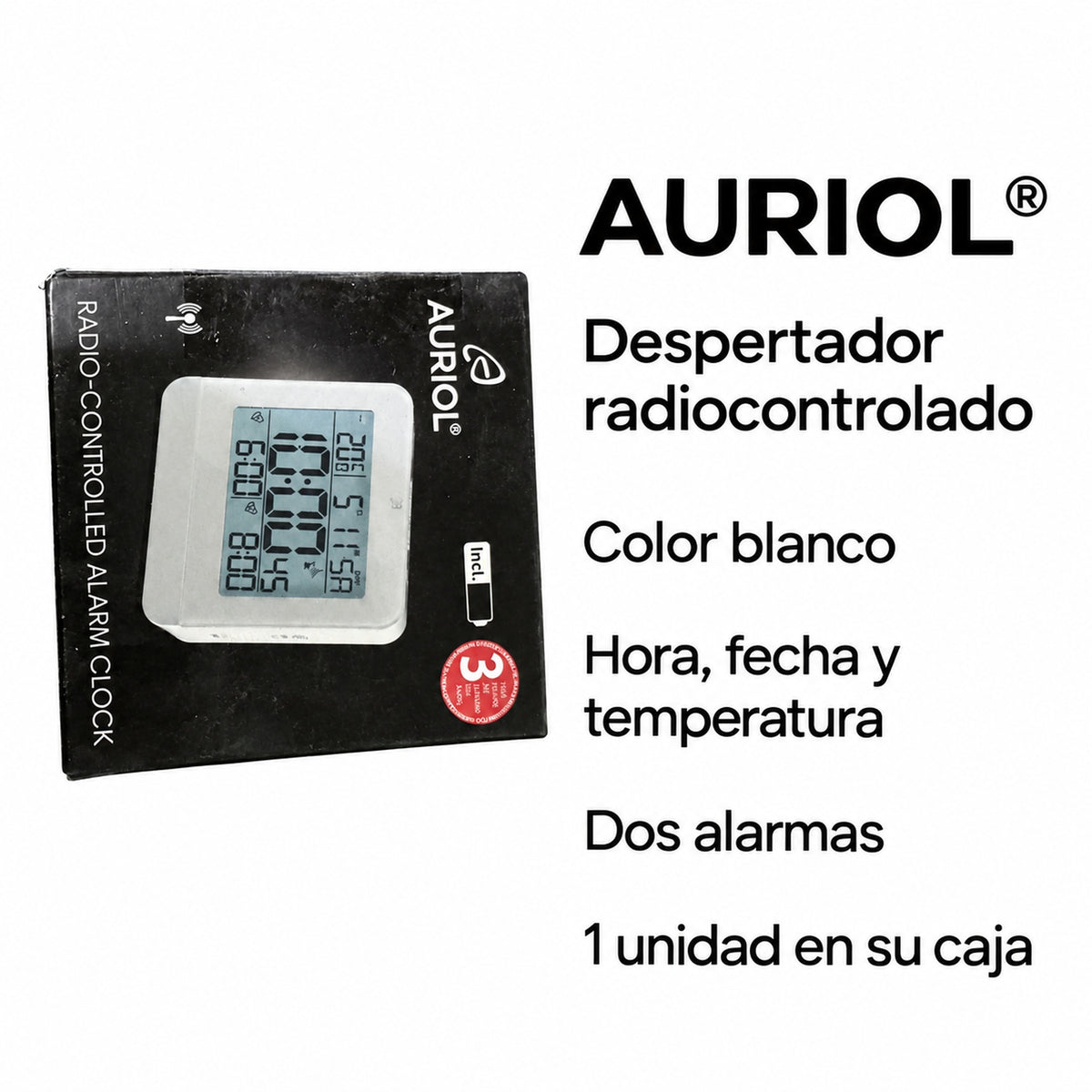 Características visibles del despertador radiocontrolado AURIOL blanco