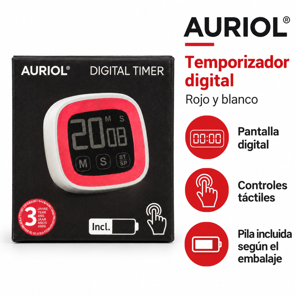Auriol temporizador digital rojo y blanco — características