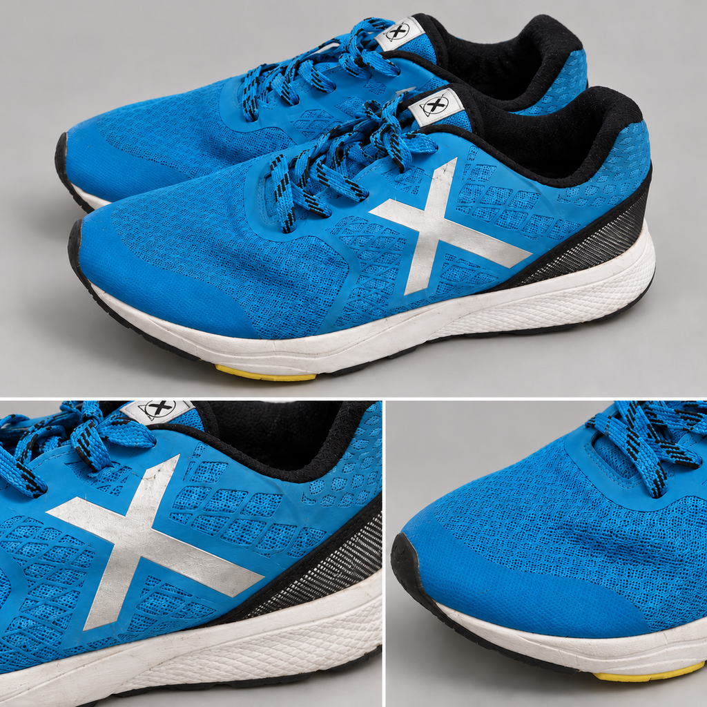 Zapatillas Munich azules de malla con X plateada y cuello negro · Talla 45 - detalle de diseño y estado