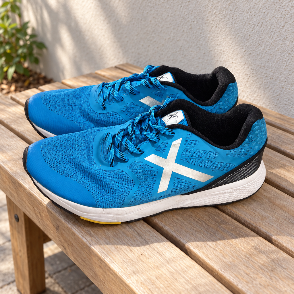 Zapatillas Munich azules de malla con X plateada y cuello negro · Talla 45 - lifestyle sobre banco