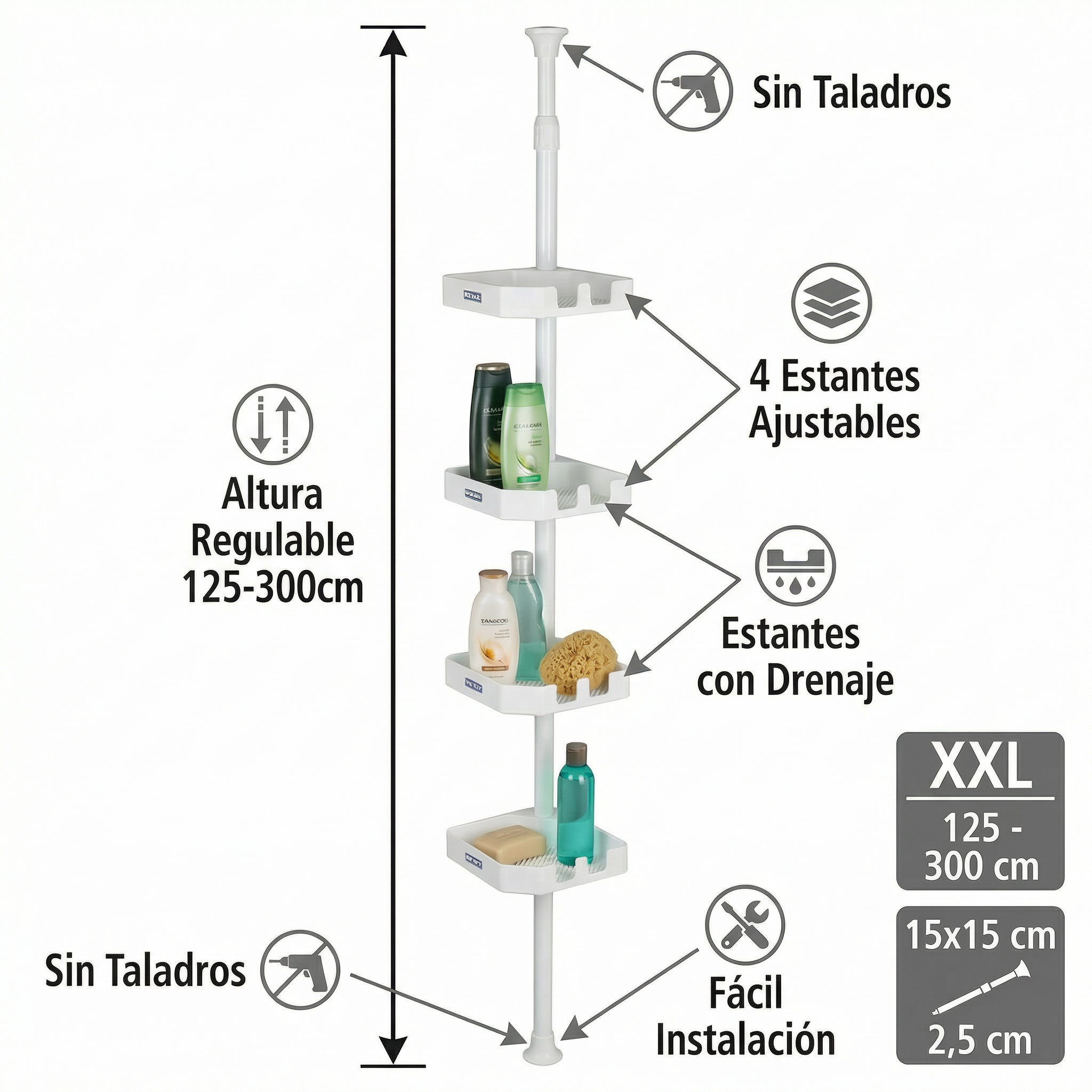 Estantería Telescópica de Ducha Esquinera XXL (125-300cm) - Wenko