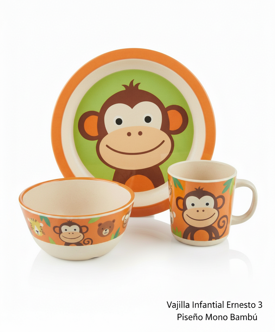 Vajilla Infantil Ernesto 3 Piezas Diseño Mono Bambú