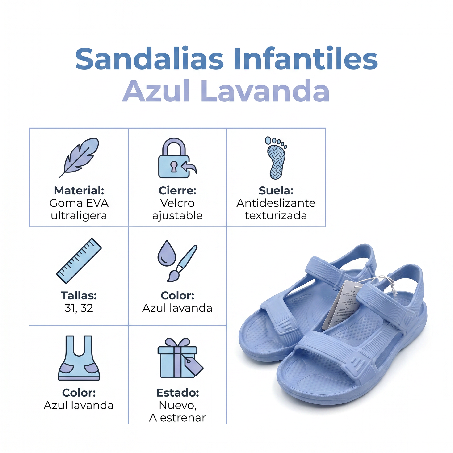 Sandalias Infantiles Azul Lavanda — Goma EVA Ultraligera (Tallas 31-32)