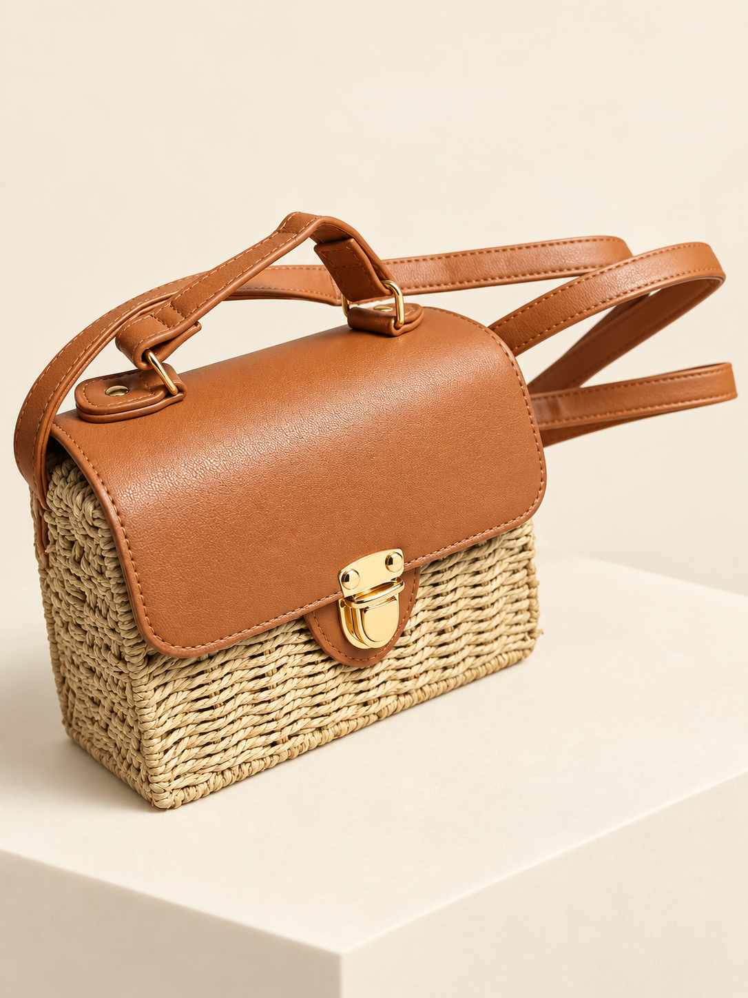 Bandolera trenzada natural con solapa camel y cierre dorado · presentacion