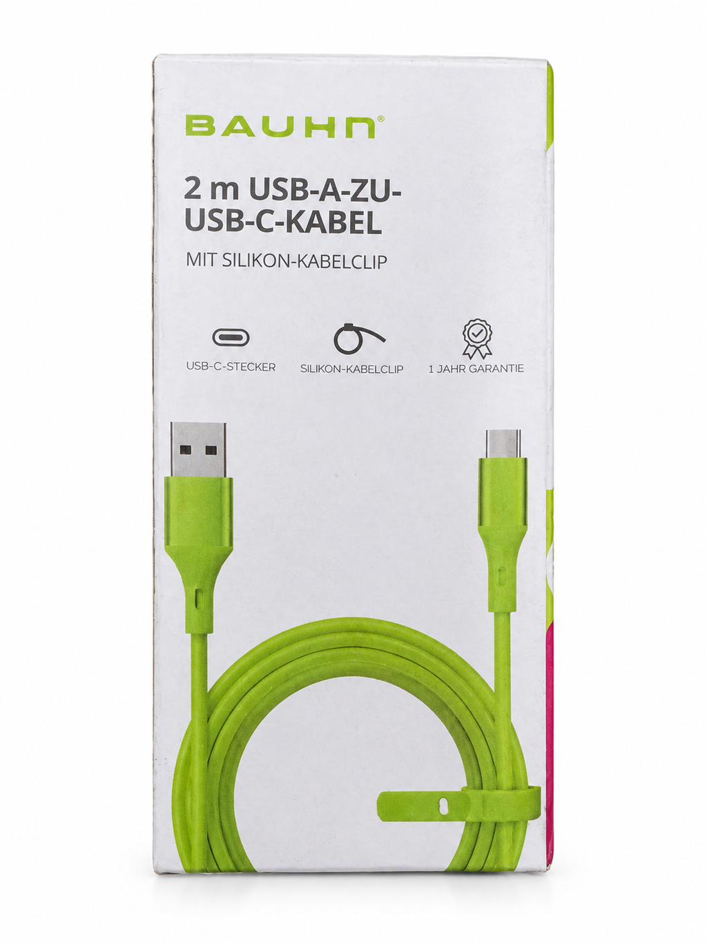Caja original Bauhn cable verde USB-A a USB-C de dos metros sobre fondo blanco
