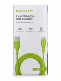Caja original Bauhn cable verde USB-A a USB-C de dos metros sobre fondo blanco