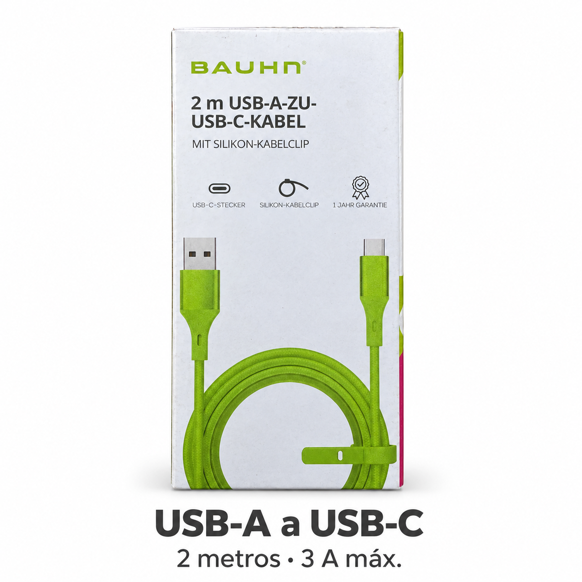 Características cable Bauhn USB-A a USB-C: dos metros y tres amperios máximos