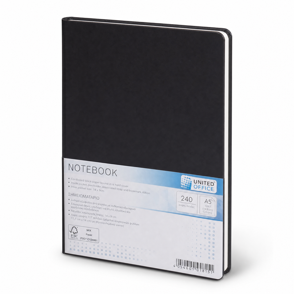 United Office cuaderno A5 - tapa dura negra, 240 páginas