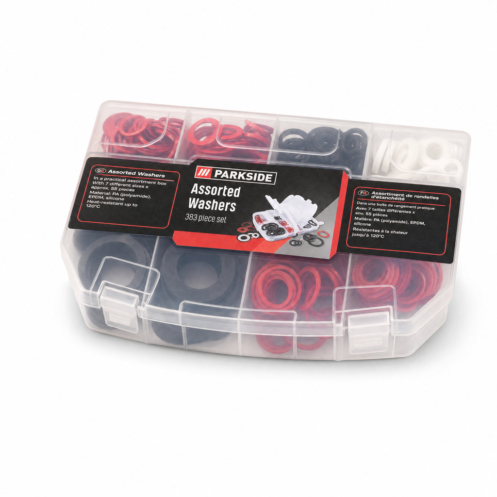 Parkside surtido de 383 arandelas con caja organizadora transparente negro rojo blanco