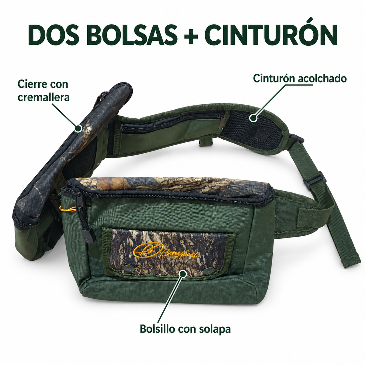 Características de las dos bolsas Benisport: cremallera, bolsillo con solapa y cinturón acolchado